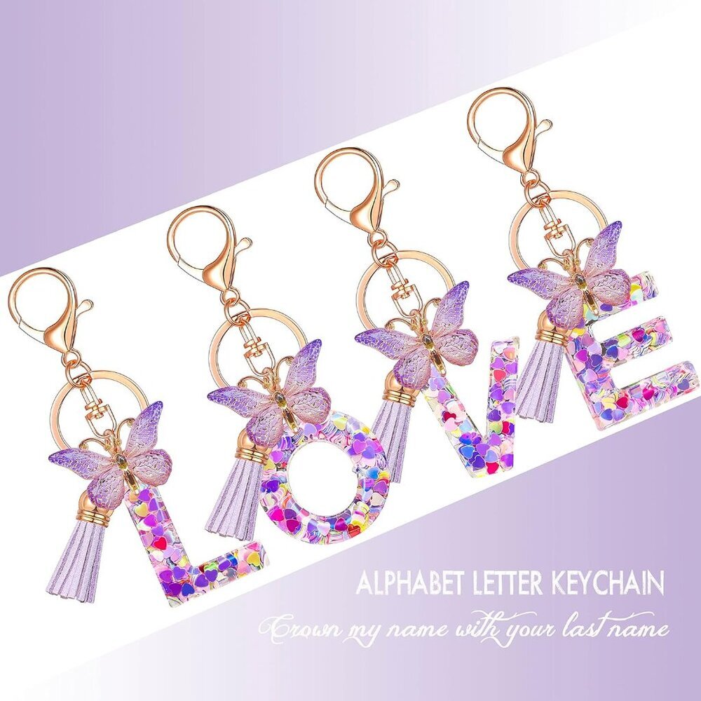 Initial letter Keychains for Women Tassel Butterfly Pink Purple Cute Car Keychai - Picture 4 of 6